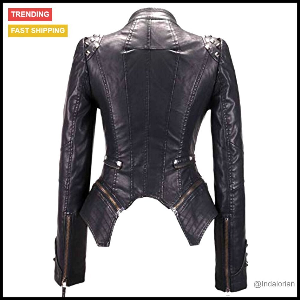 Faux Leather Biker Jacket Studded Moto Chic Vintage Y2K Streetwear Adjustable - Picture 3 of 6